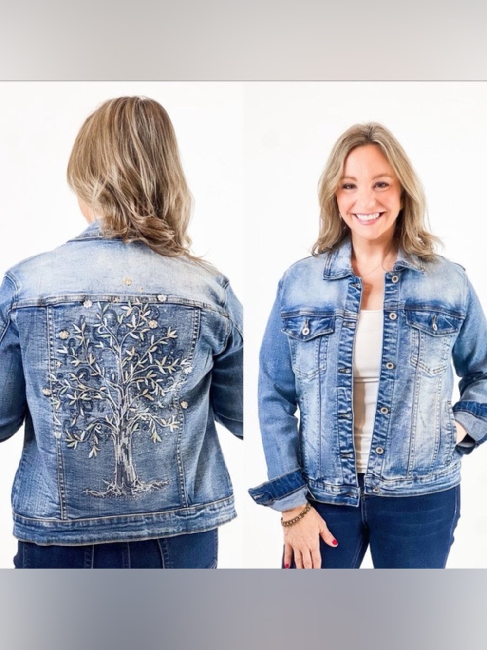 Tempo Paris Embroidered Blue Denim Jacket with Tree Motif XL